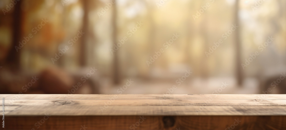An empty wooden table top with blurred background, Generative AI An empty wooden table top with blurred background, Generative AI