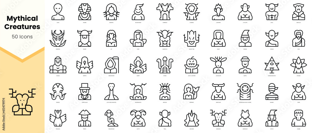 Set of mythical creatures Icons. Simple line art style icons pack. Vector illustration
