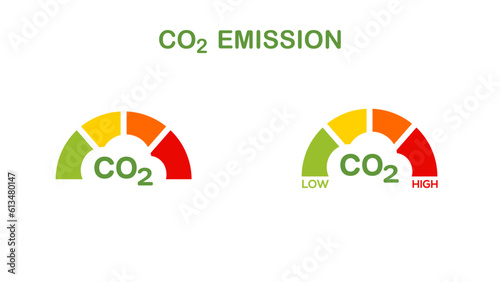 Carbon co2  level emission. Level of the carbon dioxide emits. Reduce CO2 level.  Zero Emissions. Vector illustration.