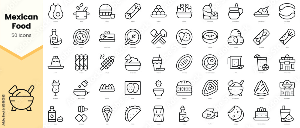 Set of mexican food Icons. Simple line art style icons pack. Vector illustration