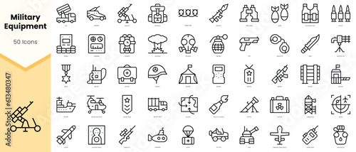 Set of military equipment Icons. Simple line art style icons pack. Vector illustration