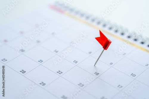 Embroidered red pins on a calendar event Planner calendar, planning for business meeting or travel planning concept.