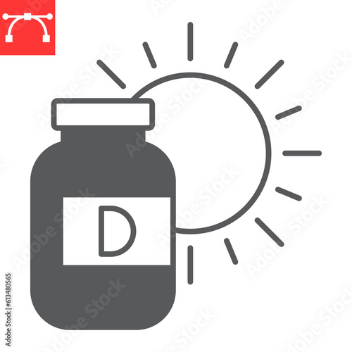 Vitamin D glyph icon, supplements and health, vitamin D bottle vector icon, vector graphics, editable stroke solid sign, eps 10.