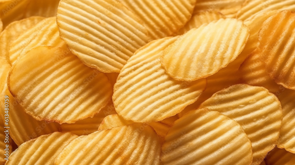 Crispy Pleasures: An Appetizing Display of Potato Chips, the Timeless Snack Favorite, fat food, wallpaper, texture, for banner, flyer Crispy Pleasures: An Appetizing Display of Potato Chips, the Timeless Snack Favorite, fat food, wallpaper, texture, for banner, flyer