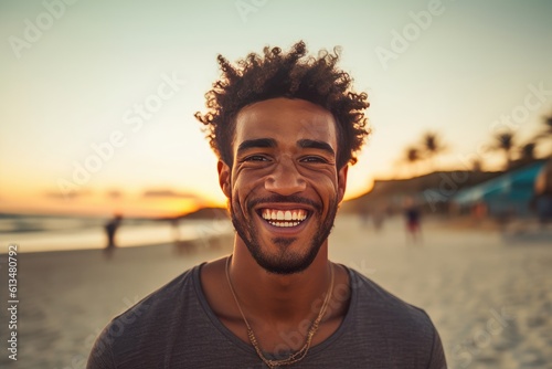 Junger Mann am Strand bei Sonnenuntergang mit betontem Gesichtsausdruck, lichter Atmosphäre und strahlendem Lächeln, Generative AI