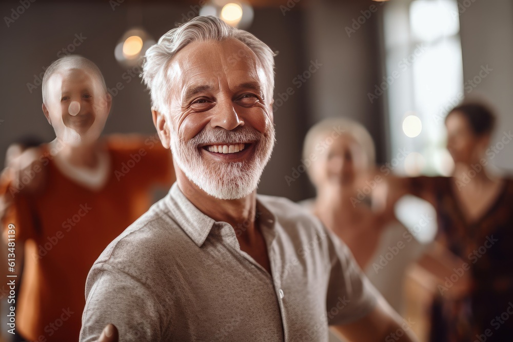 Anmutige Tanzübungen: Älterer Herr lächelt während er mit anderen Herren in weitläufigen Räumen tanzt, betonte Gesichtszüge und starke emotionale Wirkung, Generative AI