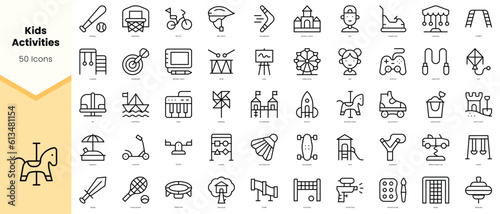 Set of kids activities Icons. Simple line art style icons pack. Vector illustration