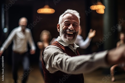 Anmutige Tanzübungen: Älterer Herr lächelt während er mit anderen Herren in weitläufigen Räumen tanzt, betonte Gesichtszüge und starke emotionale Wirkung, Generative AI