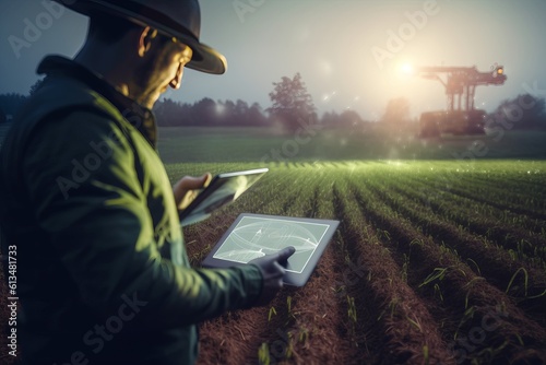 Moderne Landwirtschaft: Bauer nutzt elektronisches Gerät auf dem Feld mit futuristischen Ansätzen und fachmännischer Präzision, Generative AI photo