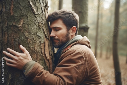 Man hugging a tree in a forest