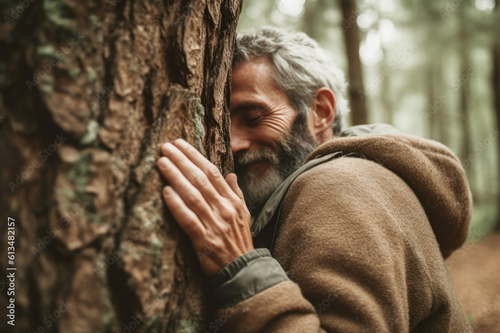 Man hugging a tree in a forest Man hugging a tree in a forest