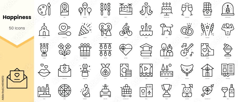 Set of happiness Icons. Simple line art style icons pack. Vector illustration