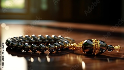 Beautiful rosary on dark background, for banners, articles, ads, Ramadan, prayer, religion tradition photo
