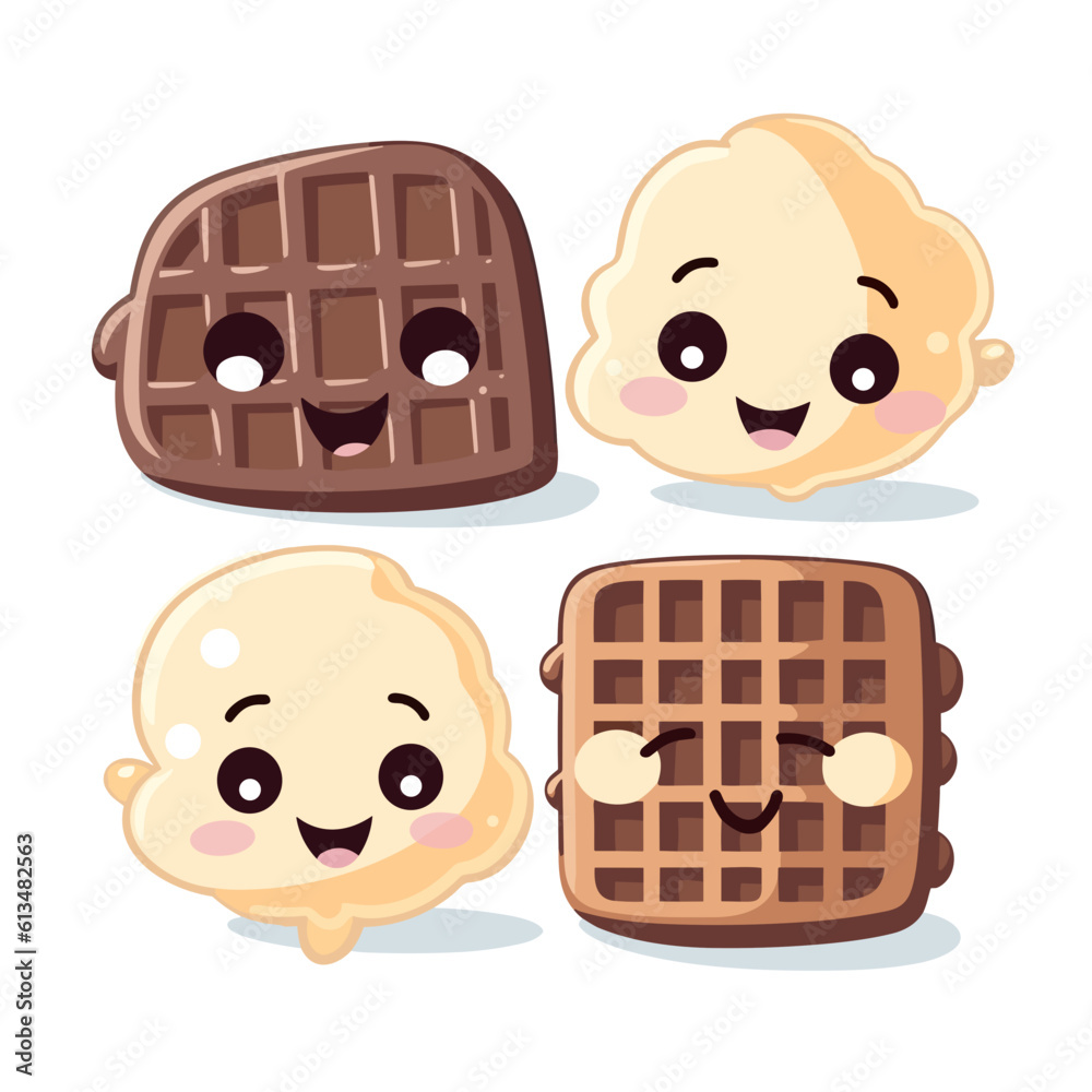 Happy cartoon waffle characters in kawaii style. Vector illustration of