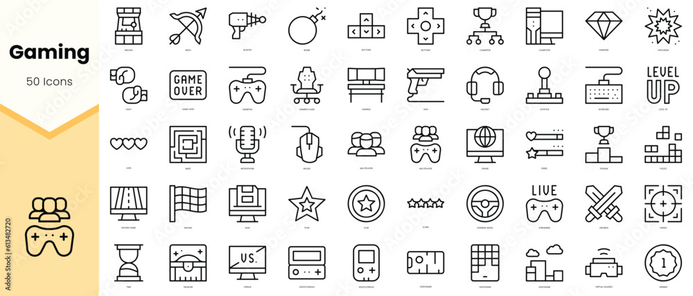 Set of gaming Icons. Simple line art style icons pack. Vector illustration