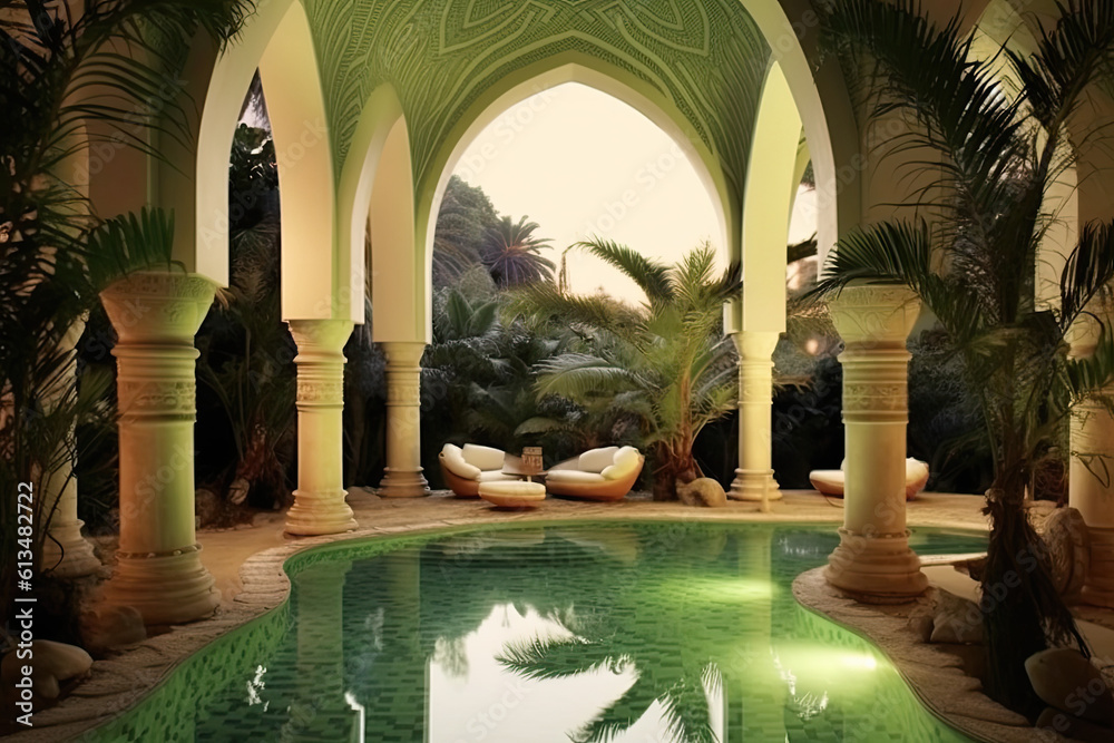 Moroccan indoor luxury pool, palm trees, plants