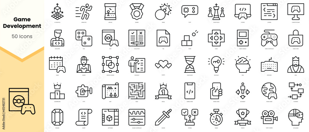 Set of game development Icons. Simple line art style icons pack. Vector illustration