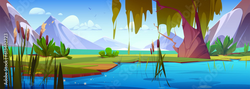 Swamp with reed in mountain vector cartoon landscape. Lake water near grass shore with bulrush in Japan illustration. Calm stream near willow game environment terrain for sunny day panoramic view