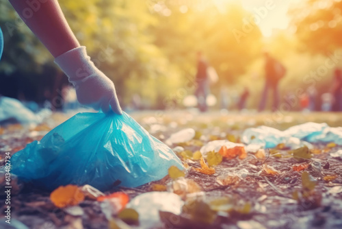 Close up of a group of eco volunteers picking up plastic trash in park. Activists collecting garbage, protecting the planet, avoid pollution and save the  environment