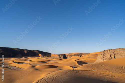 view in the Sahara desert of Tadrart rouge tassili najer in Djanet City  ,Algeria.colorful orange sand, rocky mountains