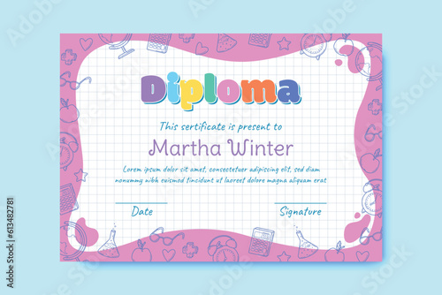 Diploma template for kids, certificate background with hand drawn school elements for kindergarten, school, preschool or playschool. Vector illustration