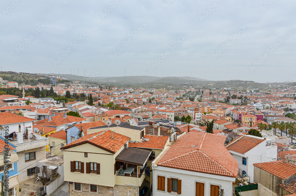 Cesme historic town center view from Cesme Castle walls (Izmir province, Turkiye)