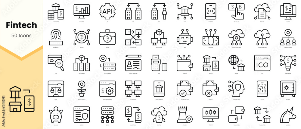 Set of fintech Icons. Simple line art style icons pack. Vector illustration
