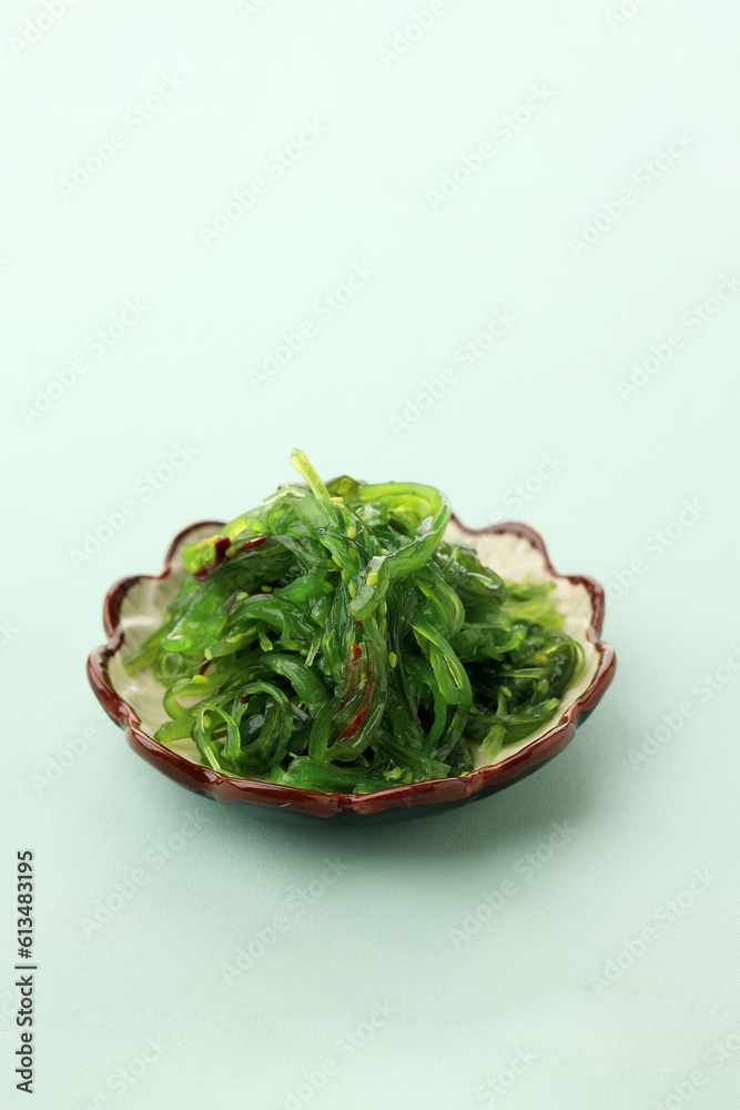 Chuka Wakame Seaweed Salad on Ceramic Plate, Japanese Food Sushi Side Dish. Chuka Wakame Seaweed Salad on Ceramic Plate, Japanese Food Sushi Side Dish.
