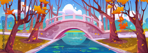 Bridge in autumn park with river cartoon landscape illustration. Water canal in forest with tree stem and falling orange leaves. Stone arch footbridge with fence in public nature garden design.