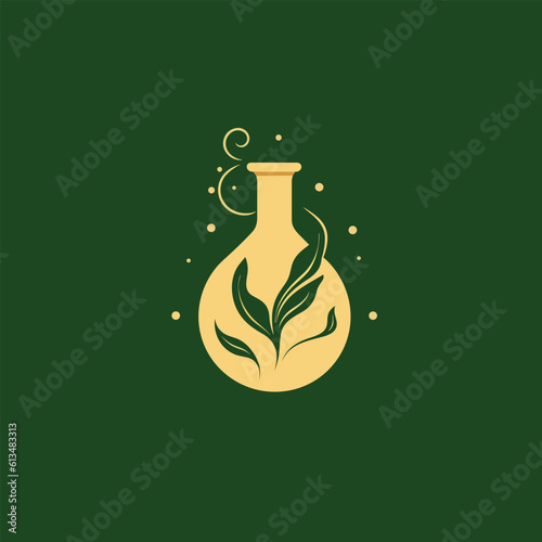 Vector isolated element. A minimalist logo with a potion and herbs. A glass jar. Herbs. Flowers. Mysticism. The print is used for packaging.