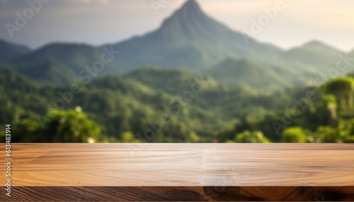 Empty rustic table in front of countryside background. product display and picnic concept. created with Generative AI.