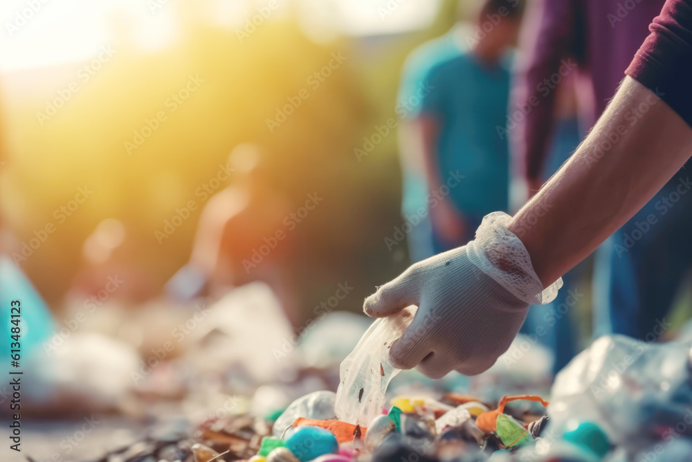 Close up of a group of eco volunteers picking up plastic trash in park. Activists collecting garbage, protecting the planet, avoid pollution and save the environment Close up of a group of eco volunteers picking up plastic trash in park. Activists collecting garbage, protecting the planet, avoid pollution and save the environment