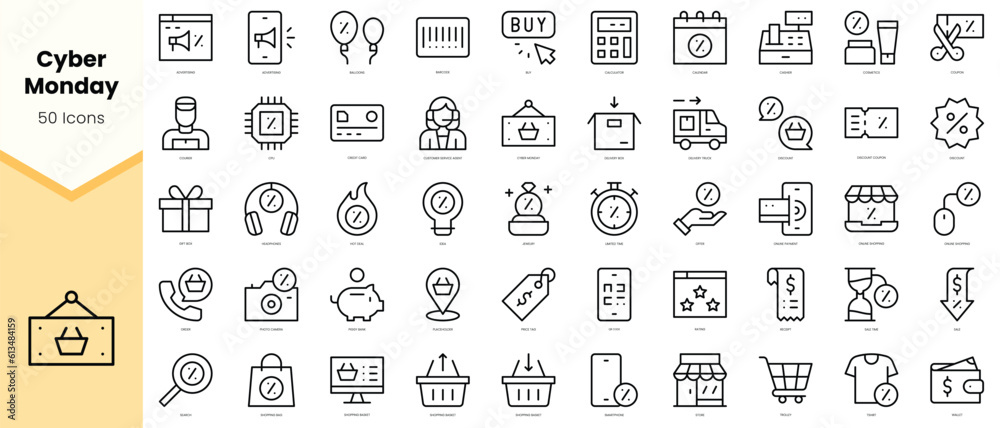 Set of cyber monday Icons. Simple line art style icons pack. Vector illustration