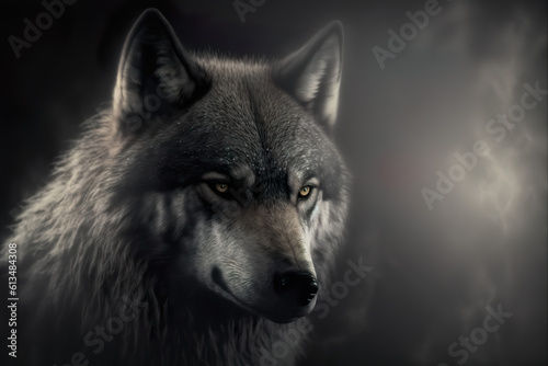 Wolf closeup in dense smoke and isolated gray background 3d render art