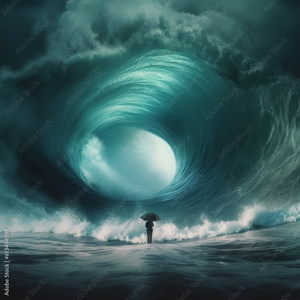 Obraz premium An ai-generated image of a tiny man defiantly standing against the colossal might of a giant wave. The power of mindfulness in navigating life's challenges with grace and resilience.Strength of spirit