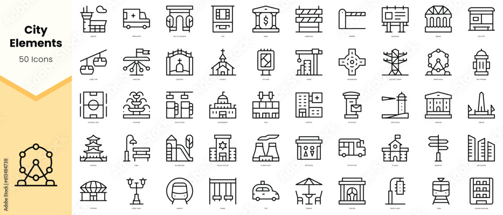 Set of city elements Icons. Simple line art style icons pack. Vector illustration