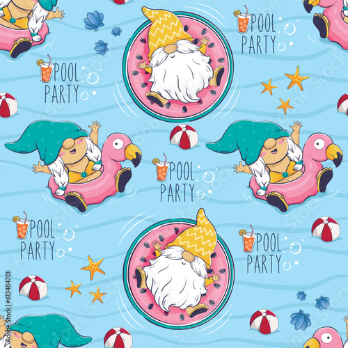 Seamless pattern with a cartoon gnome on a watermelon mattress and in an inflatable flamingo circle in the pool.