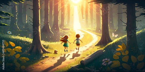 Children walking in forest cartoon illustration, Generative Ai