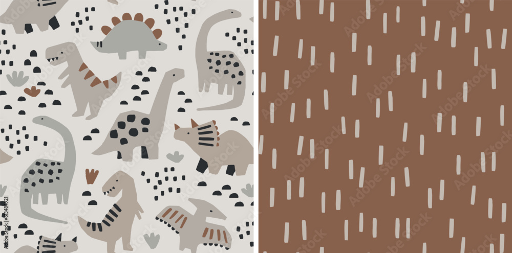 Fototapeta Cute dinosaur pattern set. Hand drawn dinosaurs and geometric abstract pattern. Perfect for kids fabric, textile, nursery wallpaper. Vector illustration.