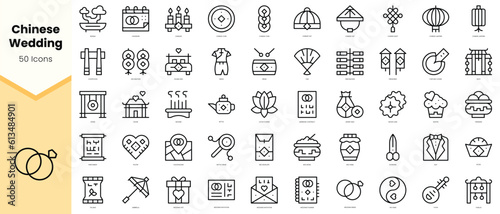Set of chinese wedding Icons. Simple line art style icons pack. Vector illustration
