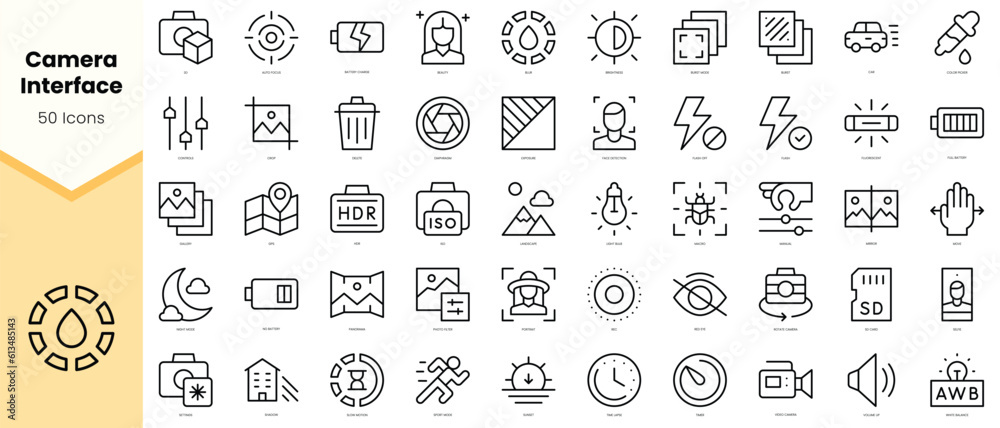 Set of camera interface Icons. Simple line art style icons pack. Vector illustration