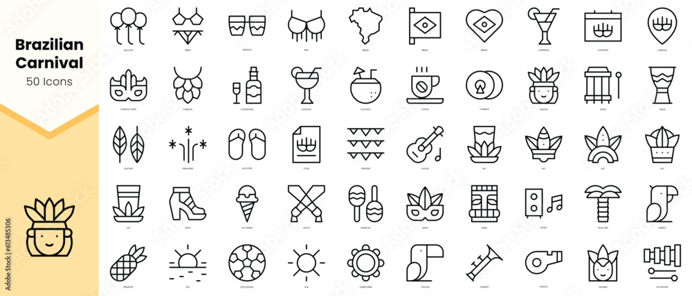 Set of brazilian carnival Icons. Simple line art style icons pack. Vector illustration