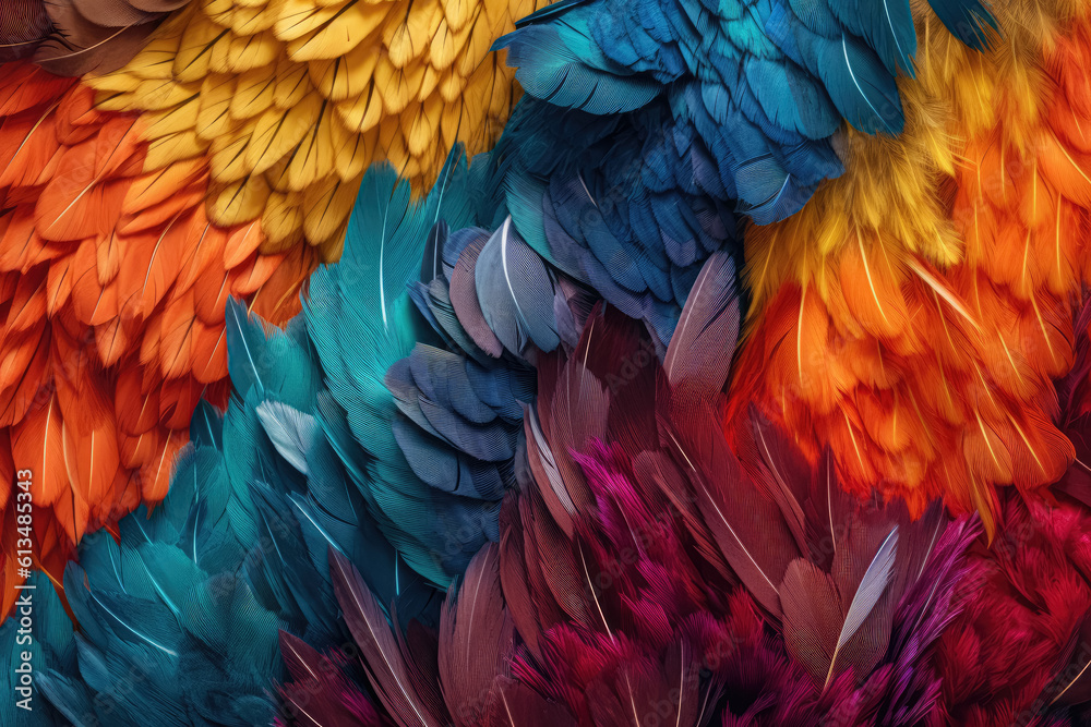 Fototapeta premium A backdrop of bird feathers in various colors creates an eye-catching display. Generative Ai, Ai.