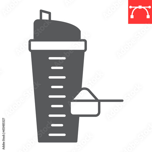 Protein shaker glyph icon, supplements and health, bottle with a scoop of whey vector icon, vector graphics, editable stroke solid sign, eps 10.