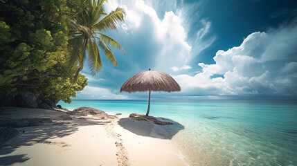 Stickers  Palm leaf beach umbrella, crystal-clear turquoise waters, white sands, palm trees, serene summer getaway, generative ai  © Juanrastock