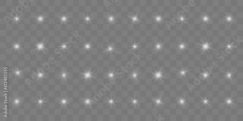 Sparkling stars, twinkling and flashing lights. Collection of various light effects on a transparent background.