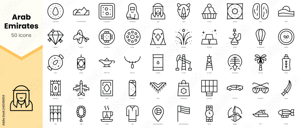 Set of arab emirates Icons. Simple line art style icons pack. Vector illustration