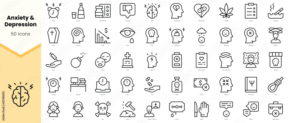 Set of anxiety and depression Icons. Simple line art style icons pack. Vector illustration