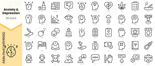 Set of anxiety and depression Icons. Simple line art style icons pack. Vector illustration