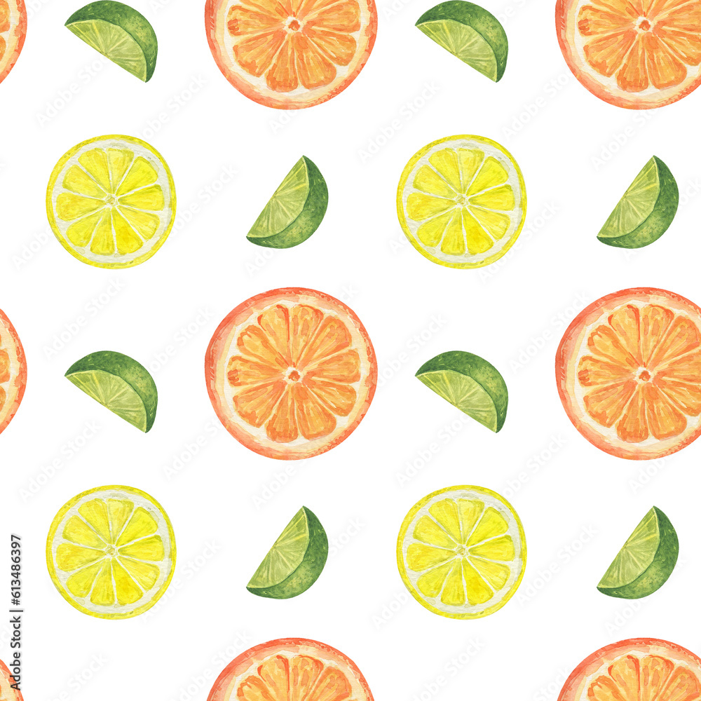 Watercolor fruit seamless pattern. Summer juicy peaces of lemon, orange and lime. Hand drawn illustration on transparent.